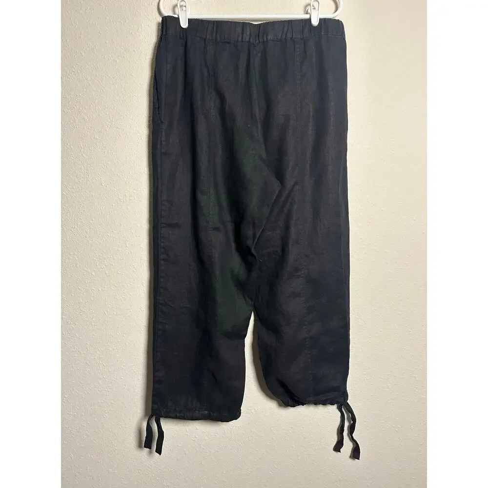 Zara 100% Linen Black high rise cropped pants with ties size large